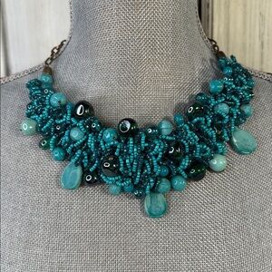Vintage Cluster Turquoise Beaded Necklace with Gold Chain